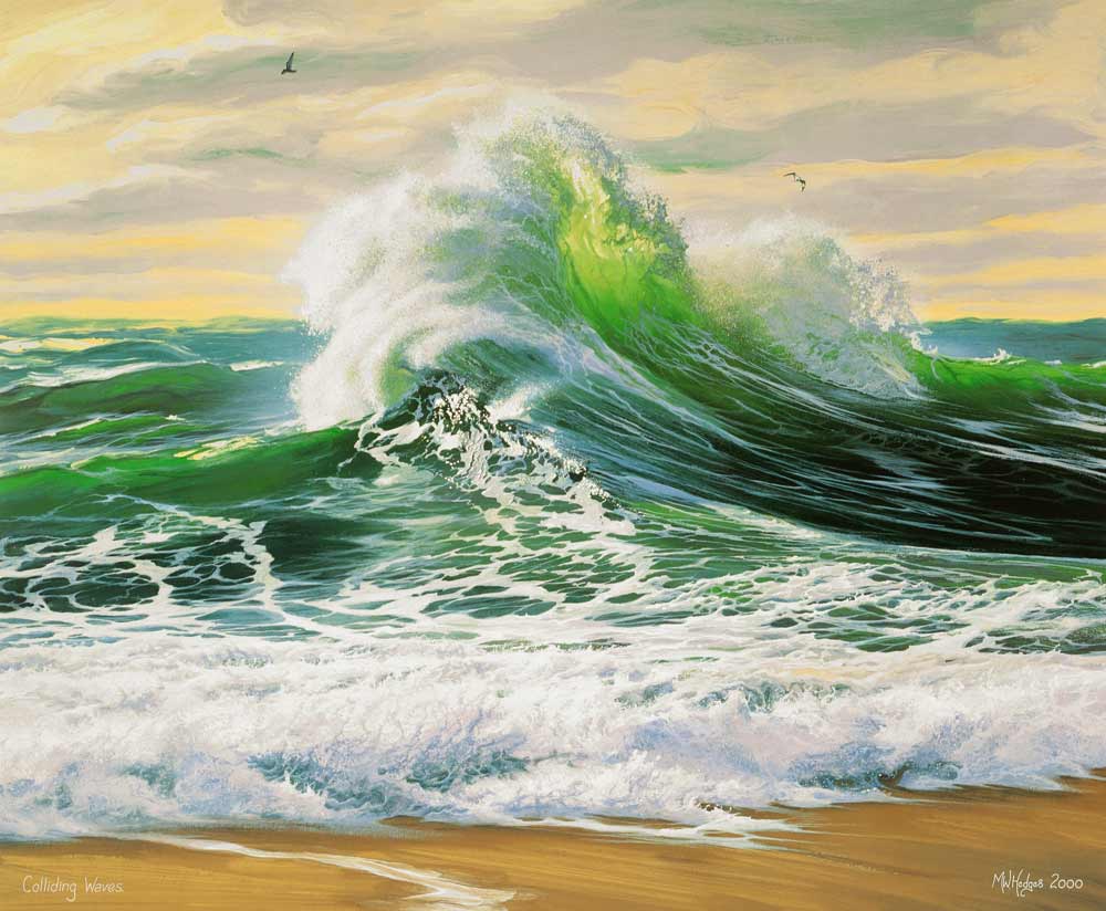 Contemprary art print of impressive wave breaking on beach.