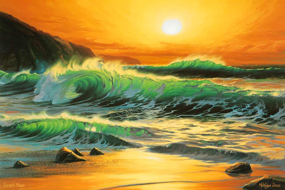 Limited edition print of vivid fiery sunset over dramatic waves at Gwynver beach.