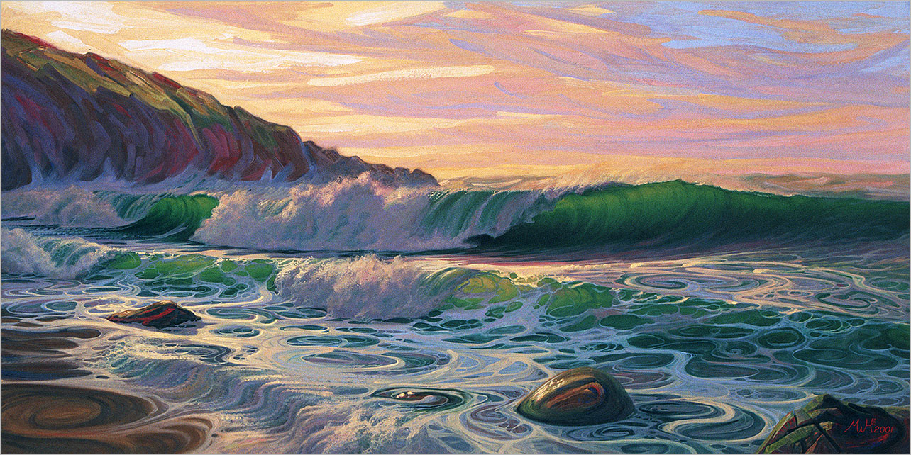 Painting of surf breaking on a beach under sunset sky.
