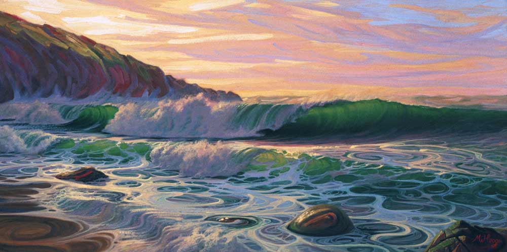 Painting of surf breaking on a beach under sunset sky.