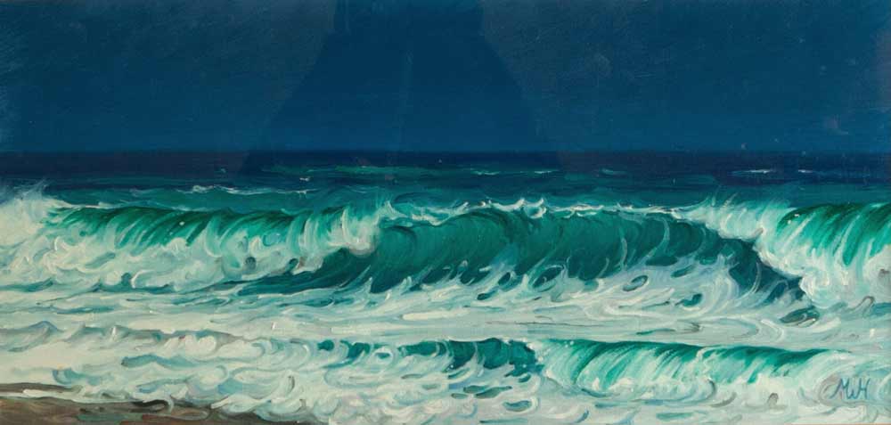 Oil on board beachscape with rich green wave under deep blue sky.