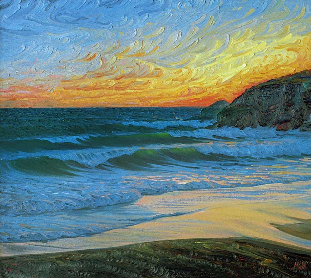 Oil on canvas of vivid sunset at Praa Sands