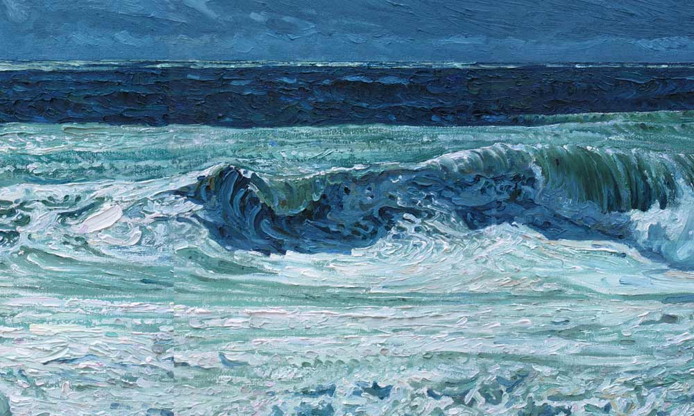Oil on canvas of wave crashing on a beach at Porthleven.