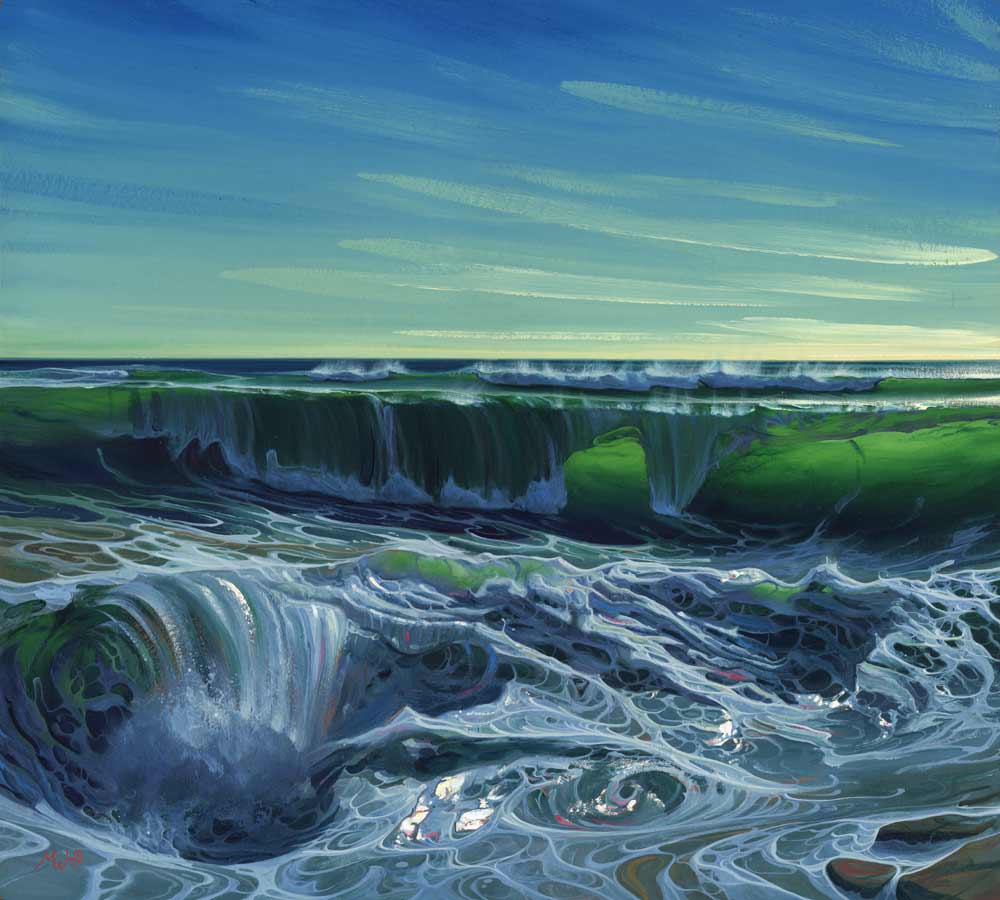 Original seascape of frothy waves under blue sky.