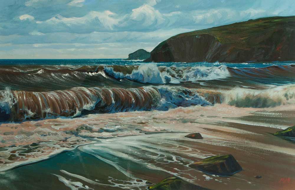 Gouache artwork of muddy brown waves at Praa Sands.