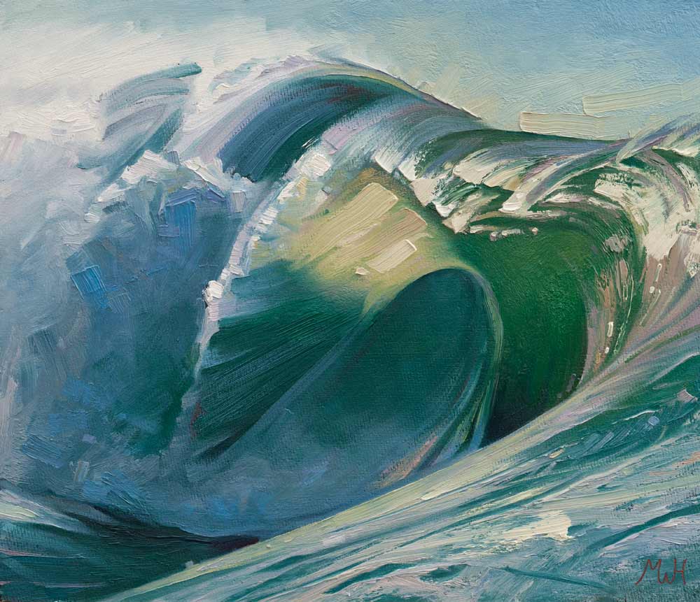 Framed artwork in oils of big surfing wave.