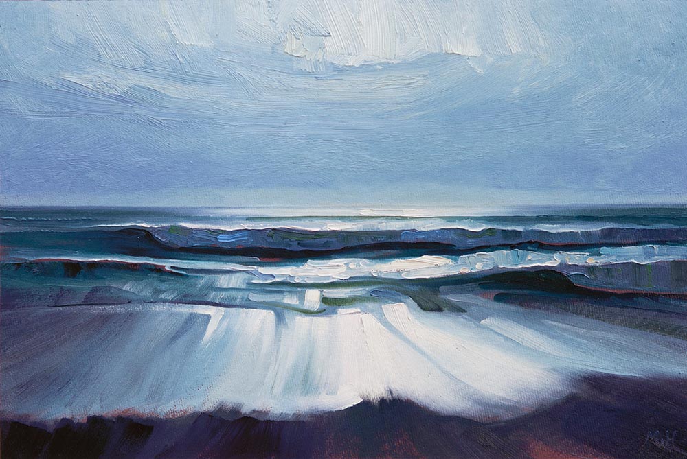 Fine art reproduction of green surfing waves under inky blue sky.