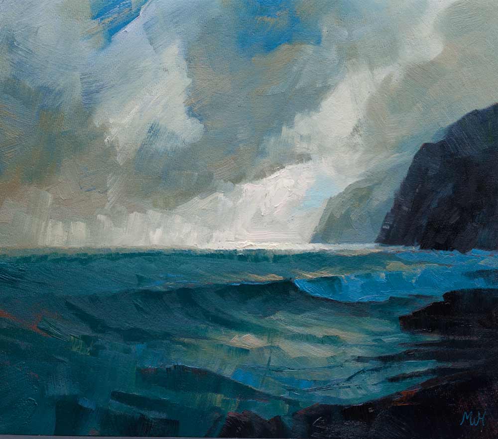 Expressive seascape in oils of mysterious Cornish cliffs.