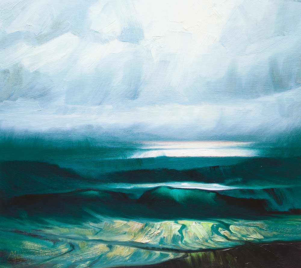 Limited edition print of vivid fiery sunset over dramatic waves at Gwynver beach.