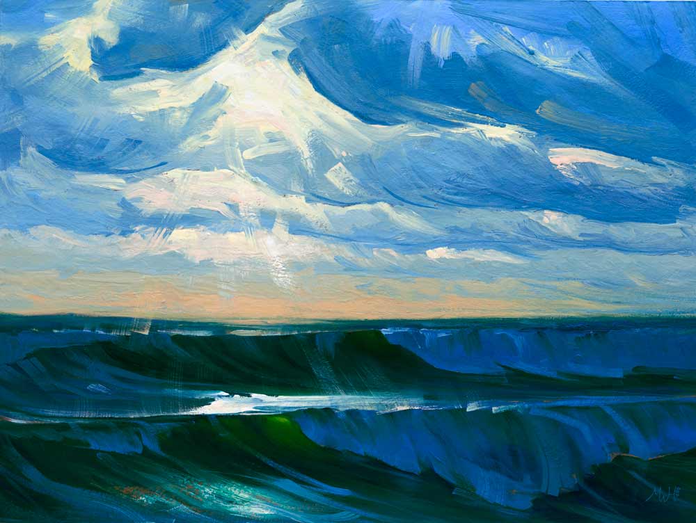 Expressive seascape in gouache of stormy sea.