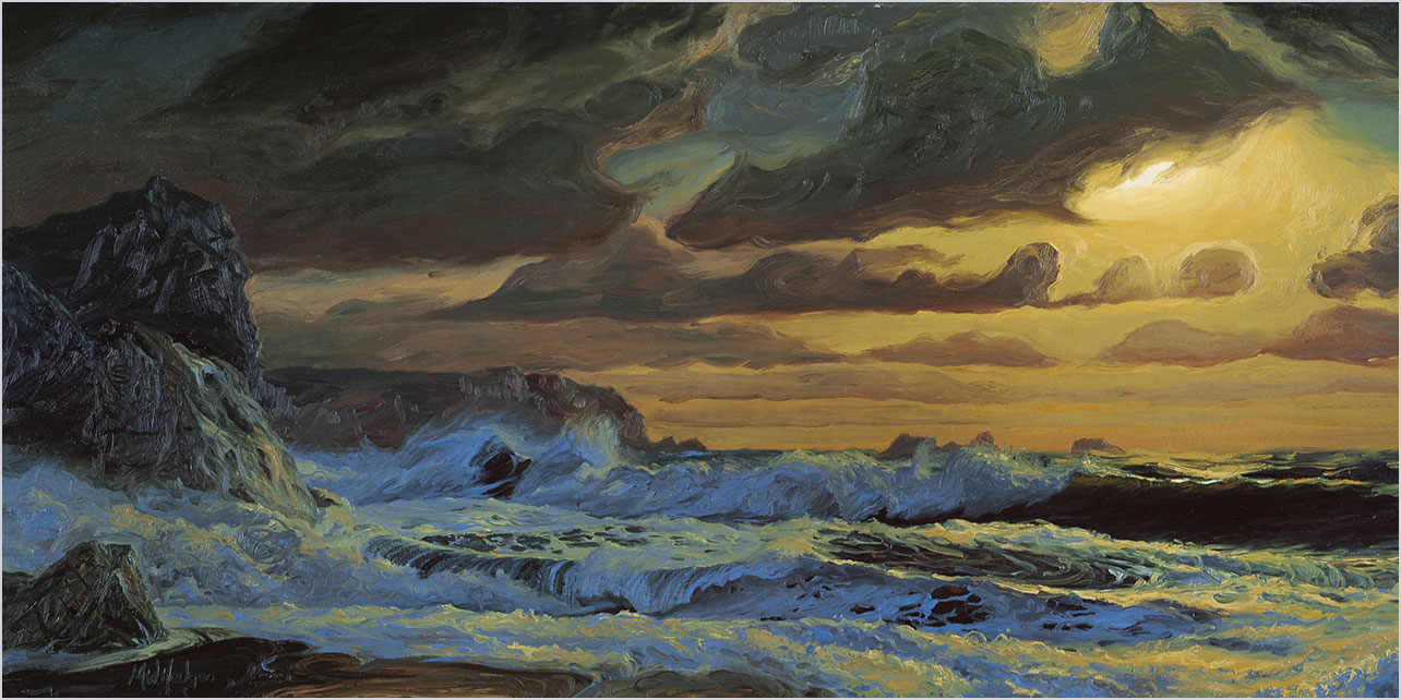 Reproduction of Atlantic breakers under deep moody skies at Kynance Cove.