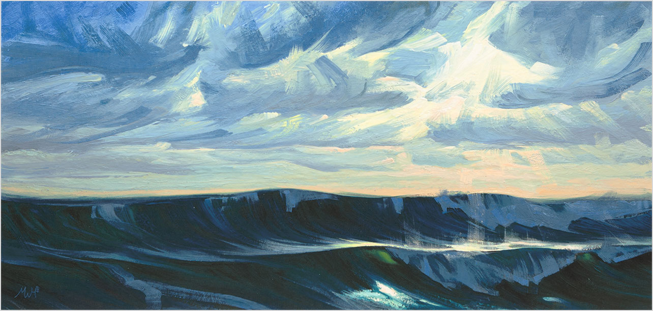 Painting in gouache of stormy seas with big waves rendered in rich colours.