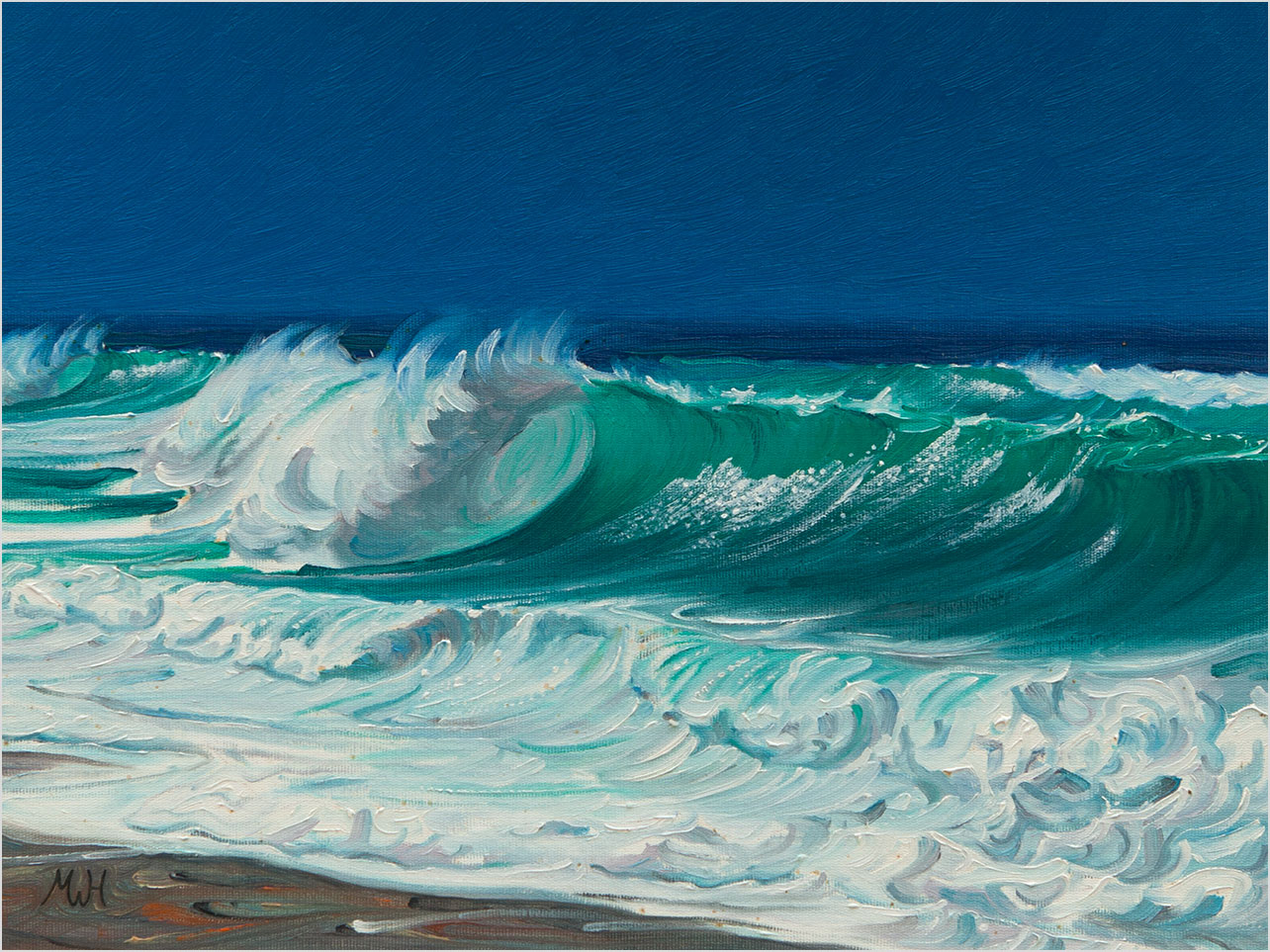 Painting of an exotic beach paradise with the perfect breaking wave.