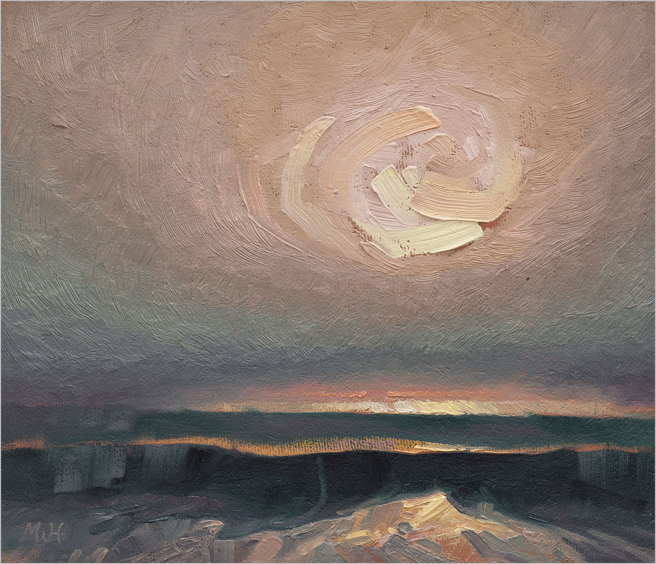 Oil painting of fiery sunset over a dusky sea with gentle foreground waves.