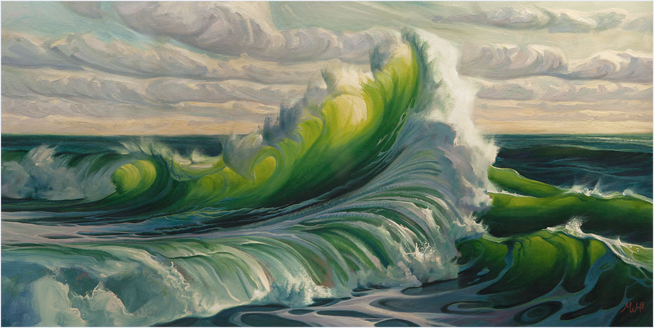 Painting in gouache of two ocean waves colliding together on the Cornish coast. Vibrant colours with sunlight shining through.