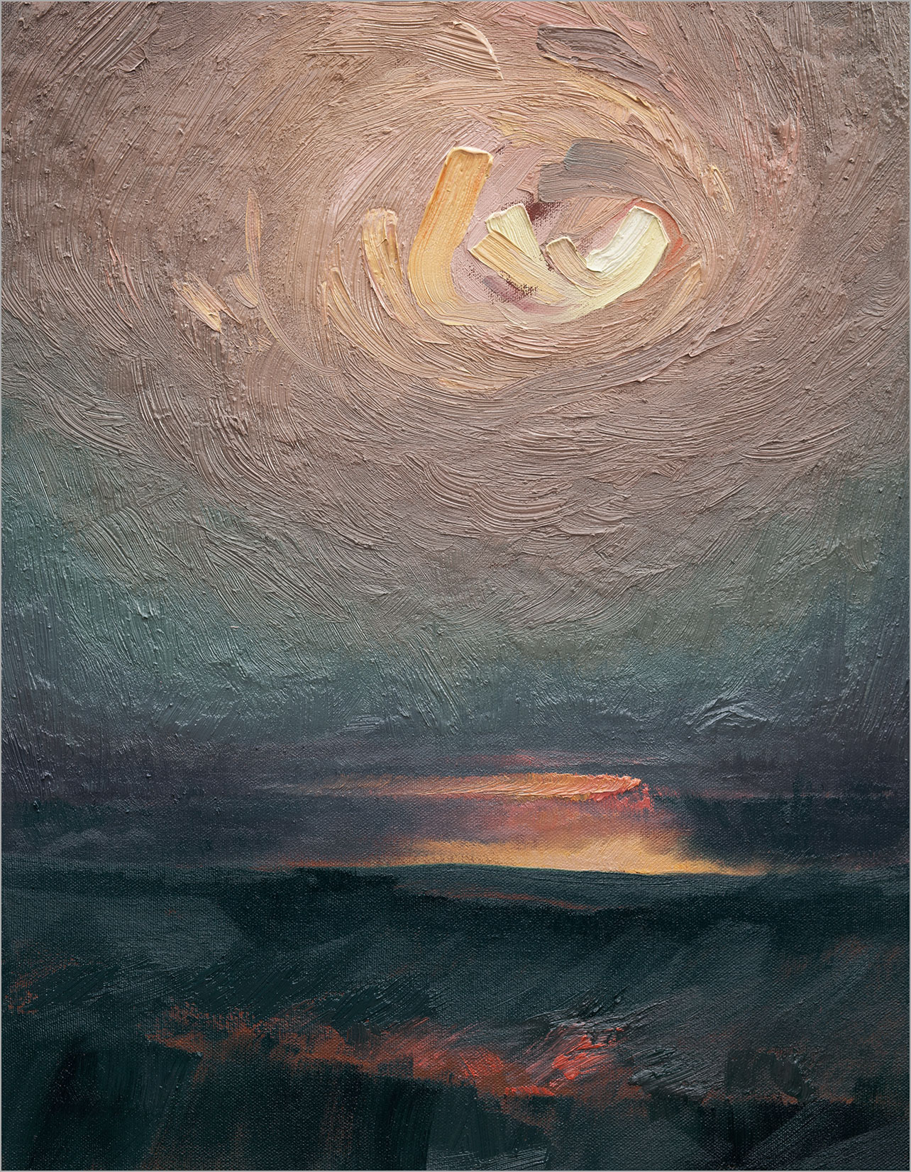 Seashore painting depicting sunset in a smoggy sky.  Small waves gently wash in.
