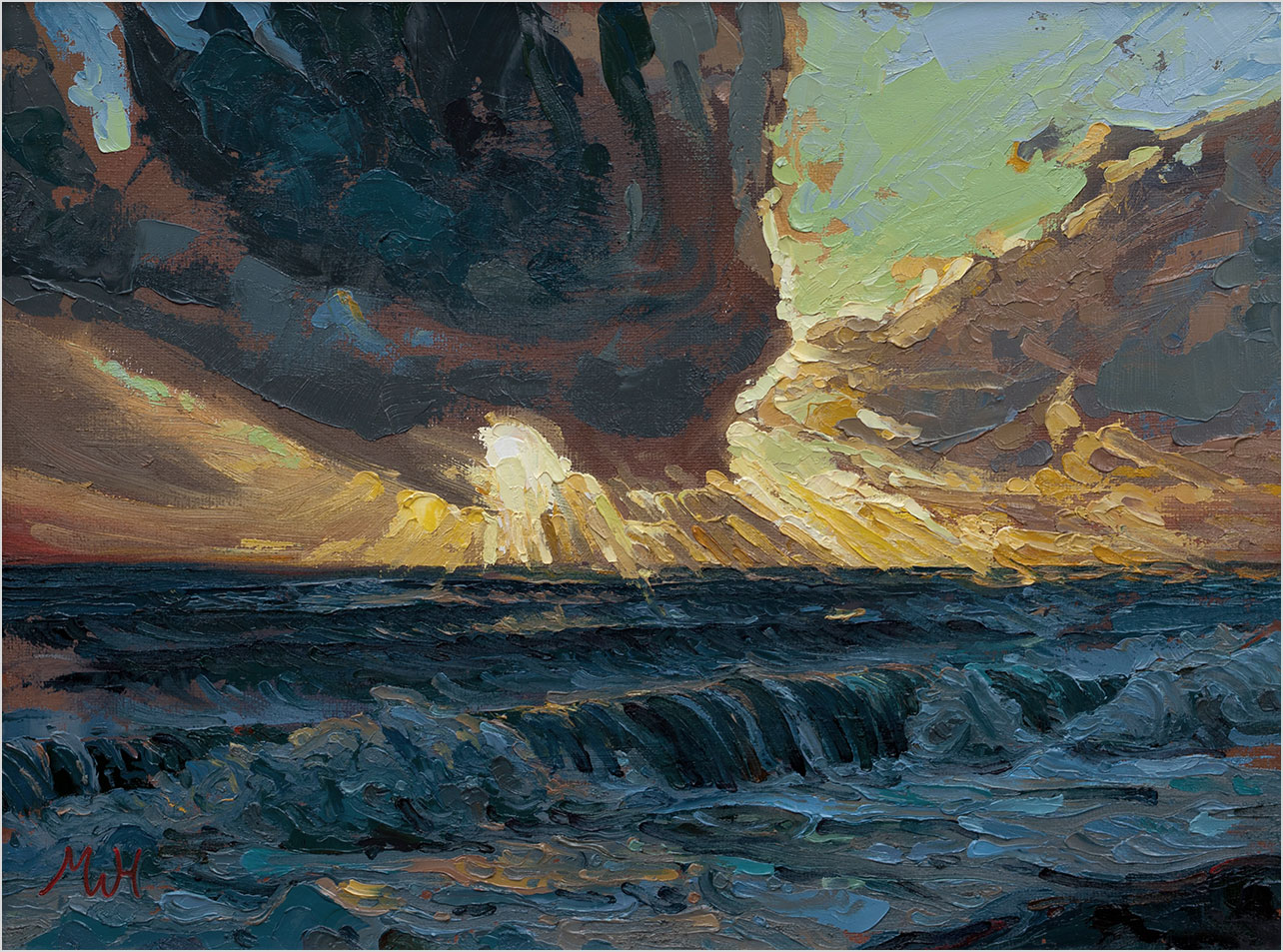 Small oil painting of intense sunset over steely seascape in winter with dramatic clouds high above.  Gwynver Beach in Cornwall.