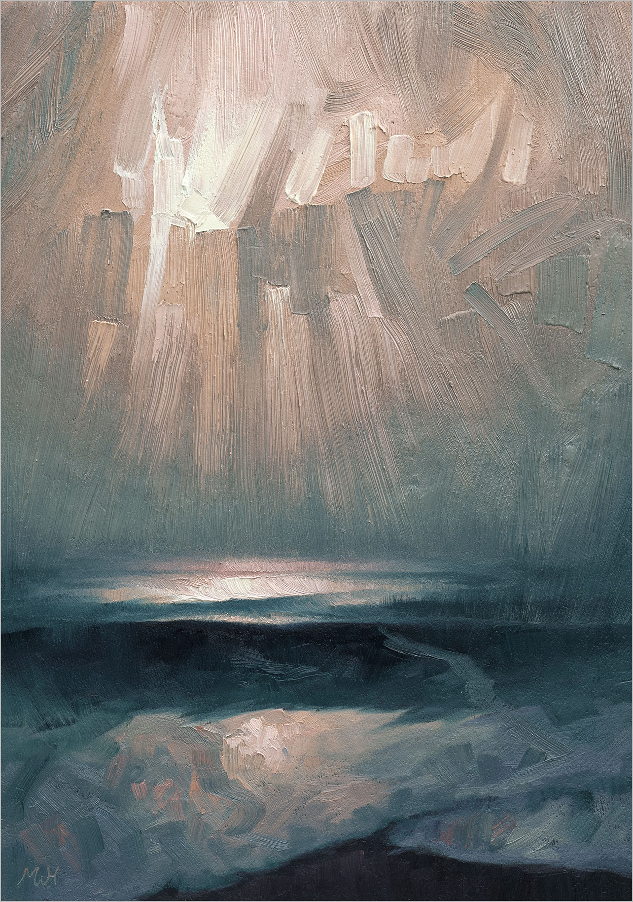 Oil painting of waves breaking on a beach below.