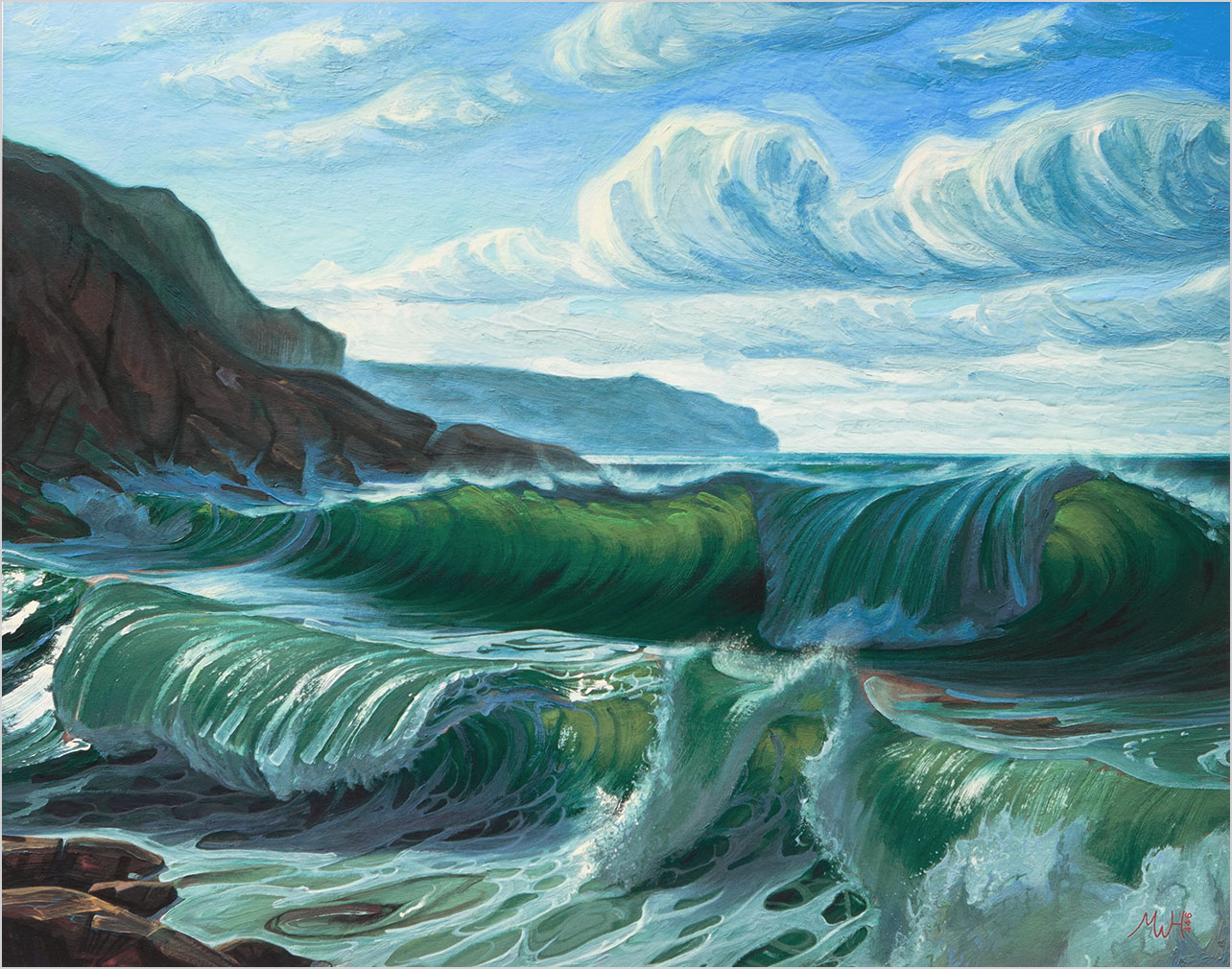 Surfing waves at Gwynver Beach under dramatic clouds.