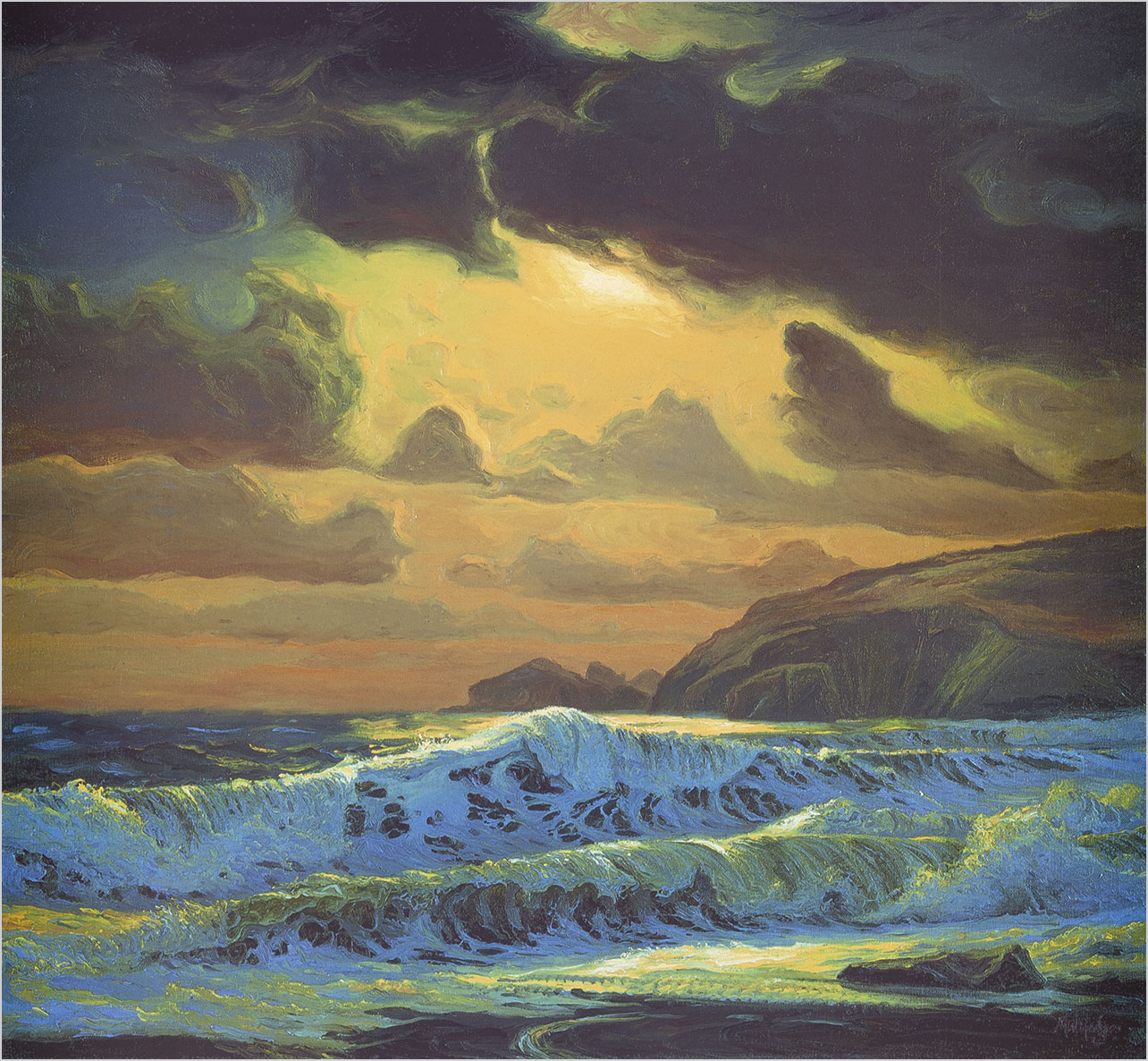 Art print of crashing waves at Praa Sands under moonlight.