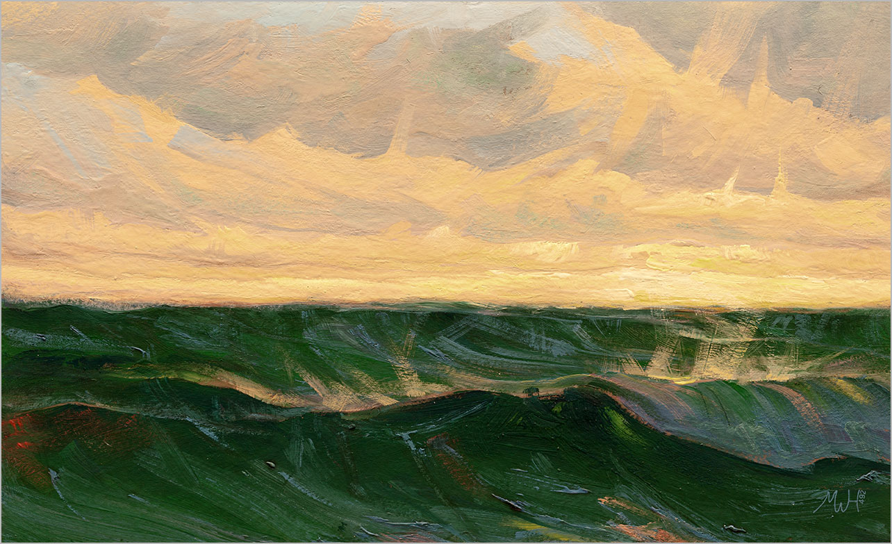 Painting in gouache of rough Atlantic sea under dramatic sunset skies.