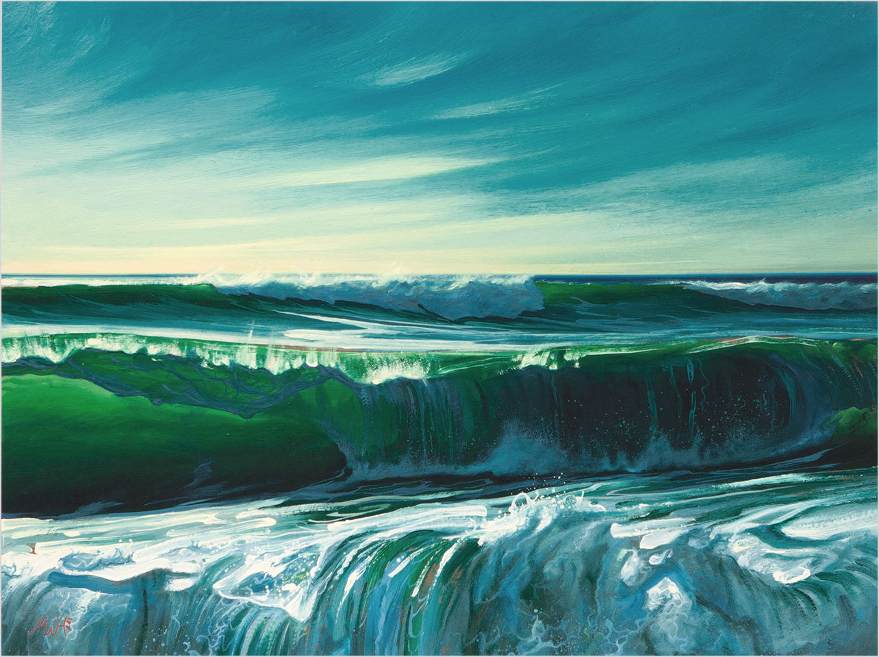 Painting of pounding wave with sunlight behind it showing up vivid green.