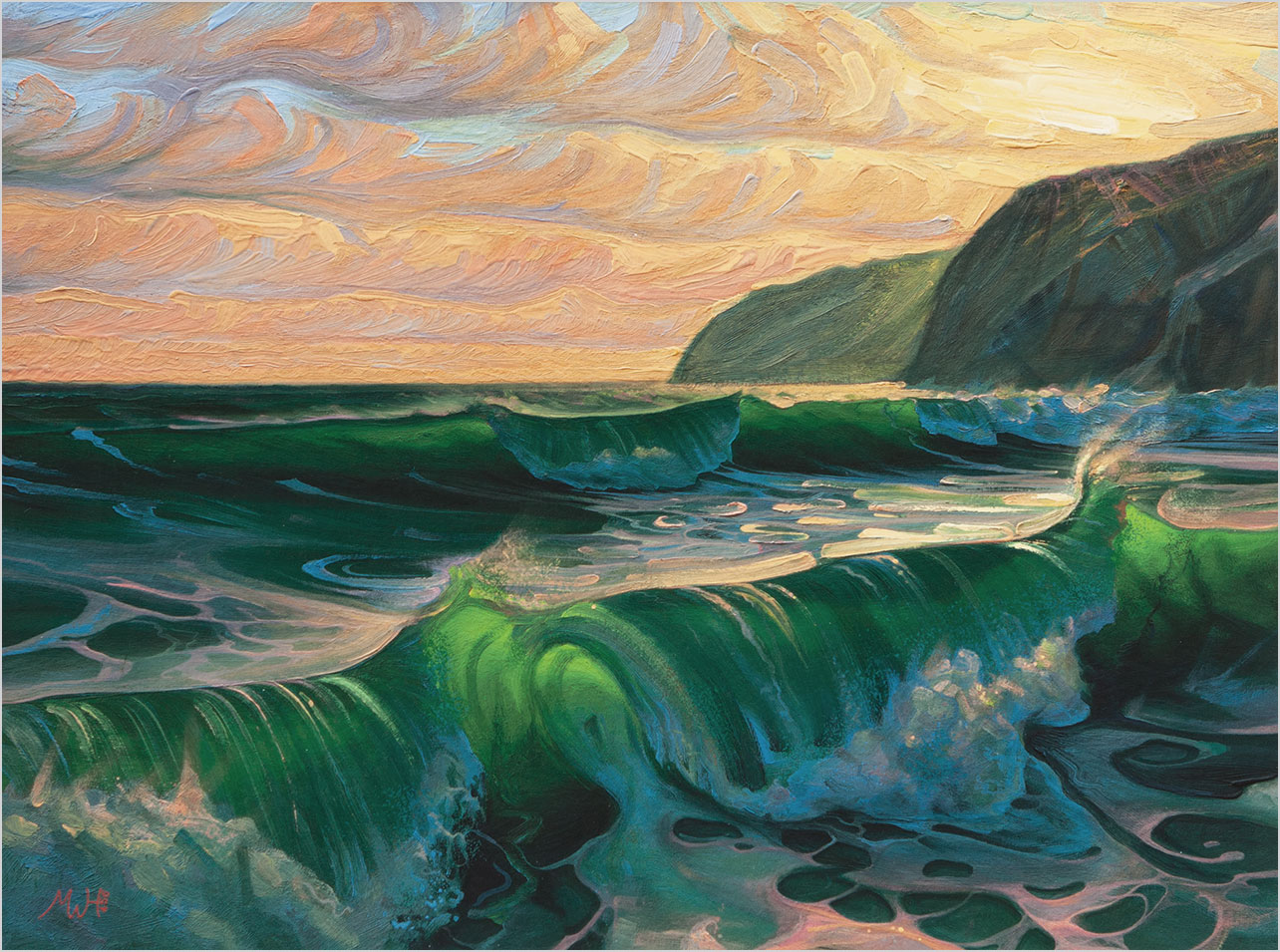An imaginary painting of the coast with vivid sunset colours and emerald waves.