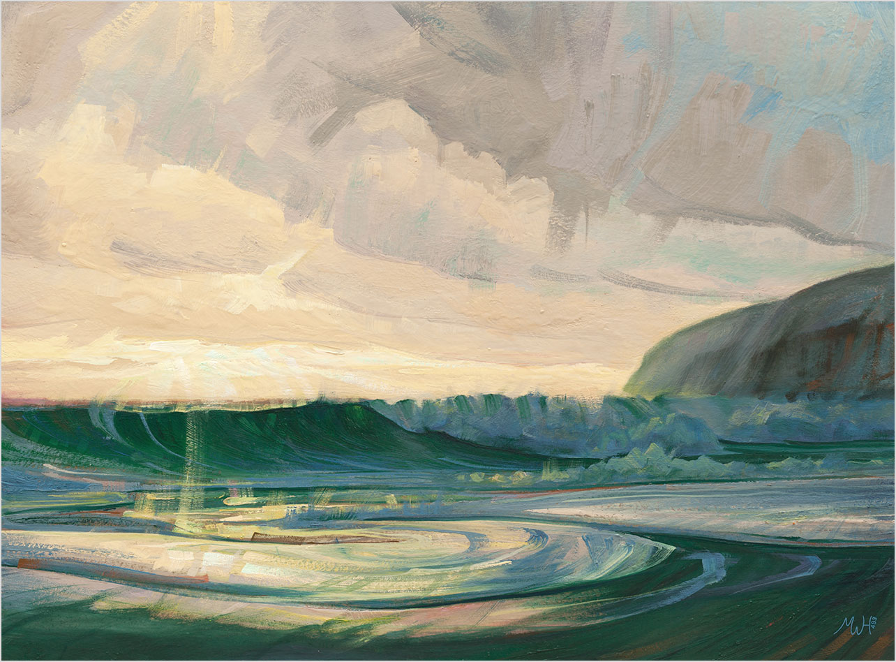 Painting of imaginary beach in winter with pounding waves against the cliffs.