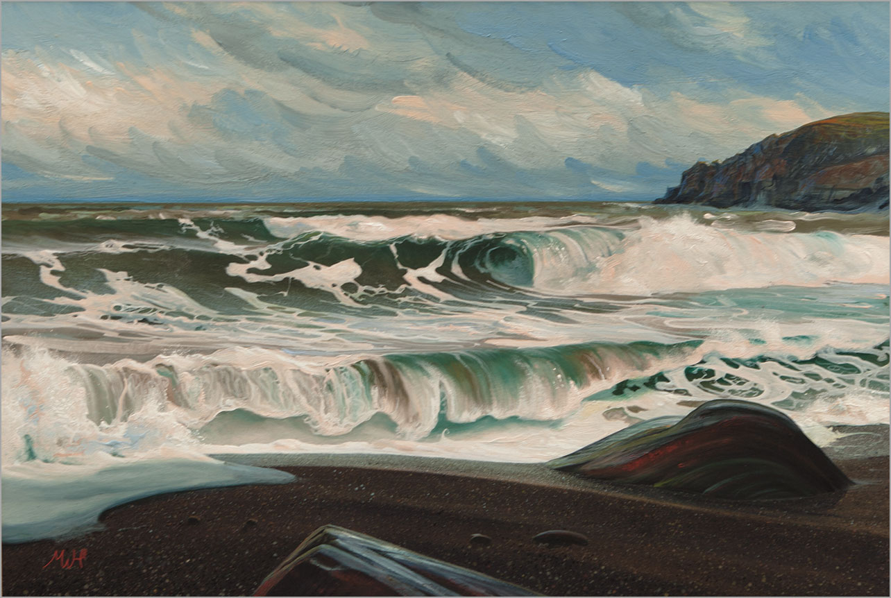 Gouache painting of brown coloured waves crashing on beach after a storm.