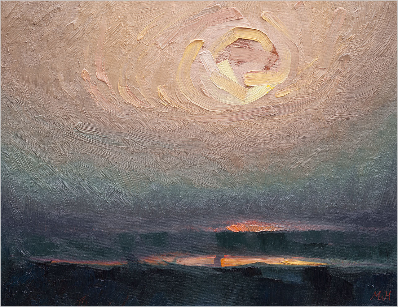 Beachscape at sunset in oil paint.  Gentle waves breaking in the foreground.